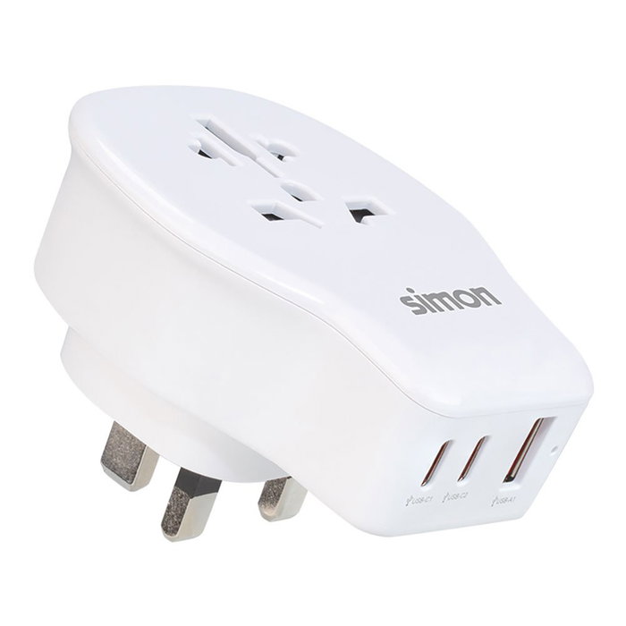 Simon Adaptador de viaje universal Reino Unido USB-A + 2 USB-C Carga rápida 20 W Simon Adaptador de viaje universal Reino Unido USB-A + 2 USB-C Carga rápida 20 W