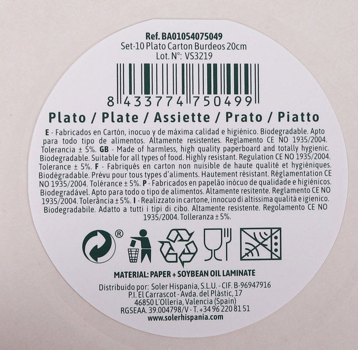 Algon Set-10 Plato Carton Burdeos Soja 20 cm (36 Unidades)