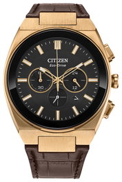 Citizen CA4583-01E con tecnología Solar, caja dorada y correa de cuero marrón