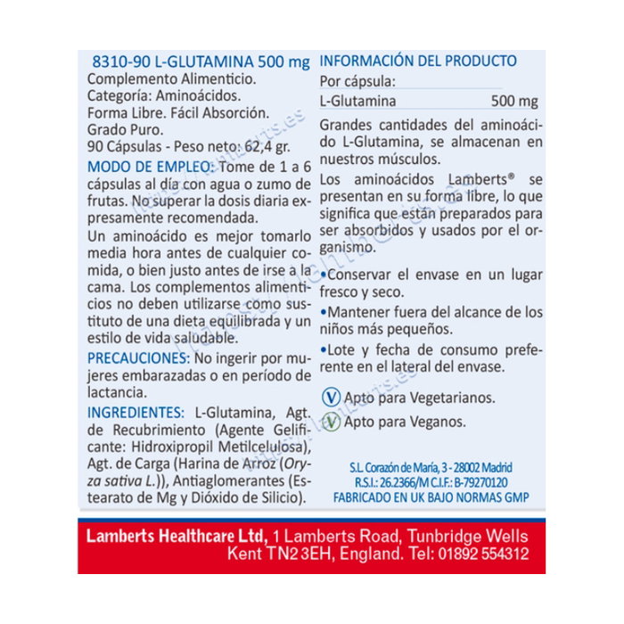 Lamberts L-Glutamina 500 mg 90 cápsulas Lamberts L-Glutamina 500 mg 90 cápsulas