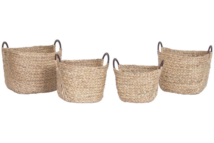 DKD Home Decor Set de 4 Cestas Jacinto de Agua y Madera Natural
