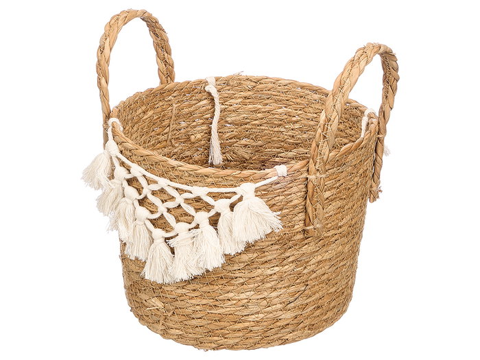 Giftdecor Macetero Mimbre Macramé Pompón Blanco Pequeño 25x29x25 cm (Set de 8)