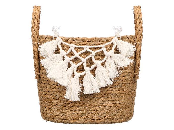 Giftdecor Macetero Mimbre Macramé Pompón Blanco Pequeño 25x29x25 cm (Set de 8)