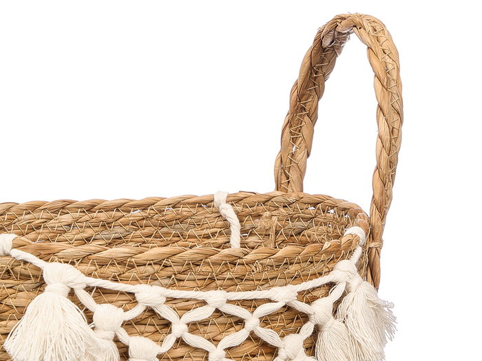Giftdecor Macetero Mimbre Macramé Pompón Blanco Pequeño 25x29x25 cm (Set de 8)