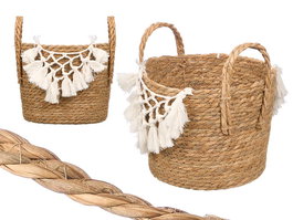 Giftdecor Macetero Mimbre Macramé Pompón Blanco Pequeño 25x29x25 cm (Set de 8)