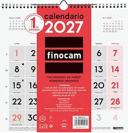 FINOCAM Calendario de pared mensual 2027 con números grandes
