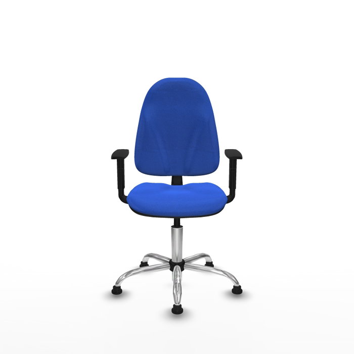 Silla de oficina Algarra con mecanismo Contacto permanente básico tapizada con Tela color Azul. Equipada con Base cromada, Brazos 1Dy Topes
