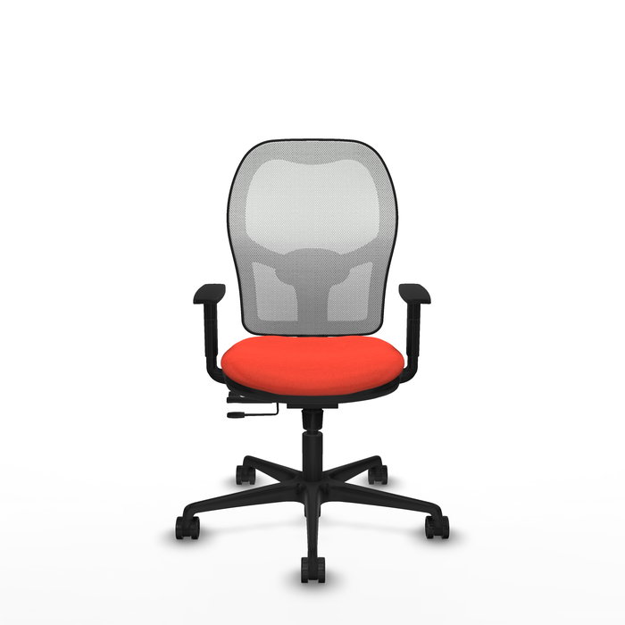 Silla de oficina Jorquera con mecanismo Sincro/Traslack tapizada con Tela color Naranja oscuro y malla color Blanco. Equipada con lumbar 1D, Brazos 1D y Ruedas 65mm nailon