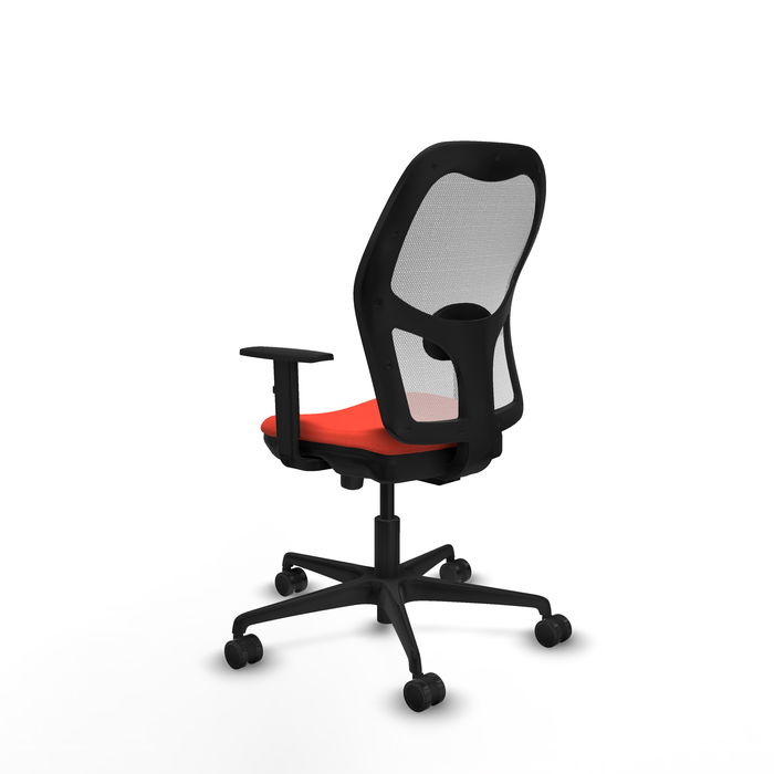 Silla de oficina Jorquera con mecanismo Sincro/Traslack tapizada con Tela color Naranja oscuro y malla color Blanco. Equipada con lumbar 1D, Brazos 1D y Ruedas 65mm nailon