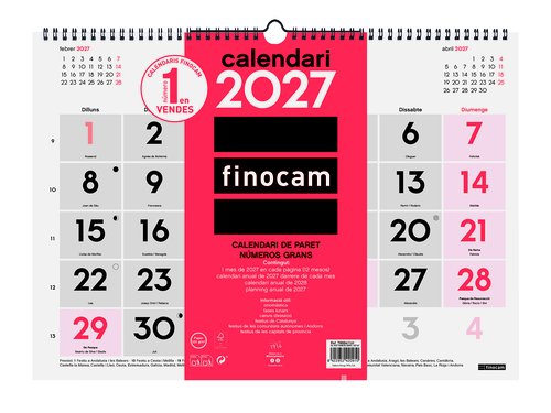 Finocam Calendario de Pared 2027 con Números Grandes Finocam Calendario de Pared 2027 con Números Grandes