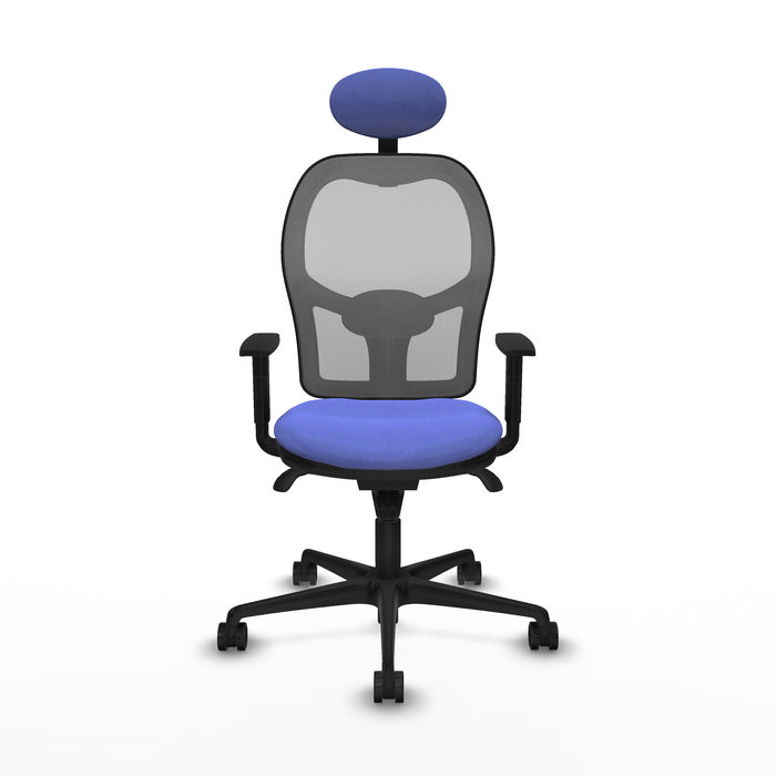 Silla de oficina Jorquera con mecanismo Sincro tapizada con Tela color Azul claro y malla color Gris. Equipada con lumbar 1D, Brazos 1D, Cabecero Fijo y Ruedas 65mm nailon