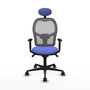 Silla de oficina Jorquera con mecanismo Sincro tapizada con Tela color Azul claro y malla color Gris. Equipada con lumbar 1D, Brazos 1D, Cabecero Fijo y Ruedas 65mm nailon