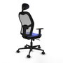 Silla de oficina Jorquera con mecanismo Sincro tapizada con Tela color Azul claro y malla color Gris. Equipada con lumbar 1D, Brazos 1D, Cabecero Fijo y Ruedas 65mm nailon