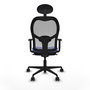 Silla de oficina Jorquera con mecanismo Sincro tapizada con Tela color Azul claro y malla color Gris. Equipada con lumbar 1D, Brazos 1D, Cabecero Fijo y Ruedas 65mm nailon