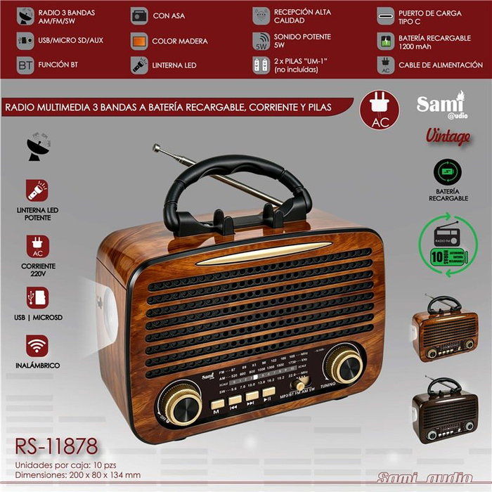 SAMI Radio Sami Vintage 3 bandas madera AC/pilas/batería