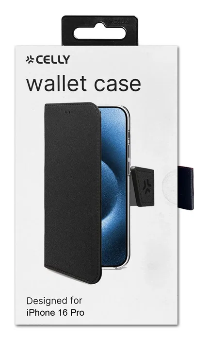 Celly WALLY1079 Funda cartera para iPhone 16 Pro Negro, 16 cm (6.3"), imitación piel con soporte de sobremesa y bolsillo para tarjetas