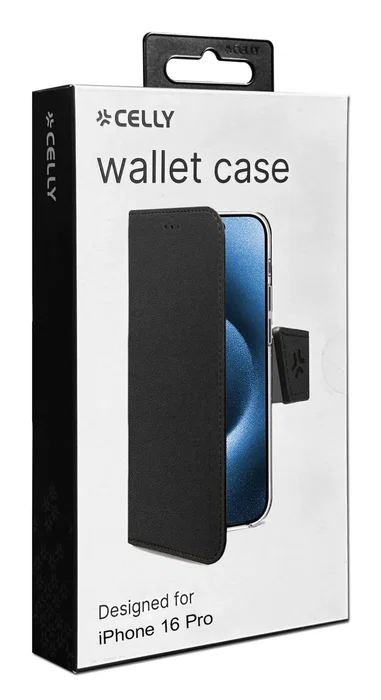 Celly WALLY1079 Funda cartera para iPhone 16 Pro Negro, 16 cm (6.3"), imitación piel con soporte de sobremesa y bolsillo para tarjetas