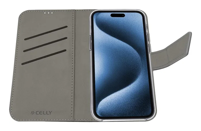 Celly WALLY1079 Funda cartera para iPhone 16 Pro Negro, 16 cm (6.3"), imitación piel con soporte de sobremesa y bolsillo para tarjetas