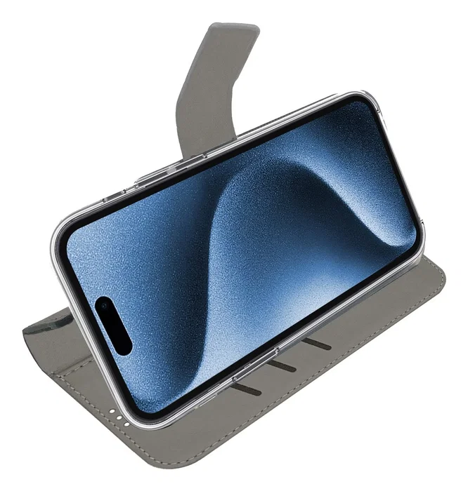 Celly WALLY1079 Funda cartera para iPhone 16 Pro Negro, 16 cm (6.3"), imitación piel con soporte de sobremesa y bolsillo para tarjetas
