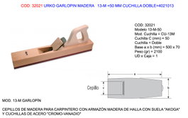URKO Garlopin de madera 13-M 50 mm cuchilla doble