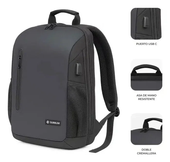 Subblim Mochila Nomad Xpand Air Padding Backpack para Portátil 15.6", Puerto USB-C, Negro, Capacidad Expansible 18-21L, Poliéster Reciclado