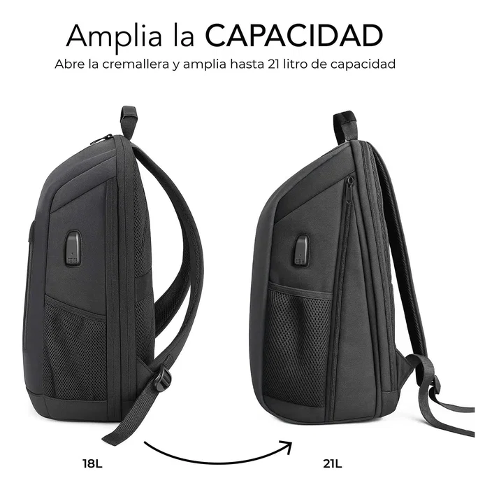 Subblim Mochila Nomad Xpand Air Padding Backpack para Portátil 15.6", Puerto USB-C, Negro, Capacidad Expansible 18-21L, Poliéster Reciclado