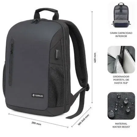 Subblim SUBBP-5NXAP01 Mochila para Portátiles hasta 15.6", 21L, Puerto USB, Negra