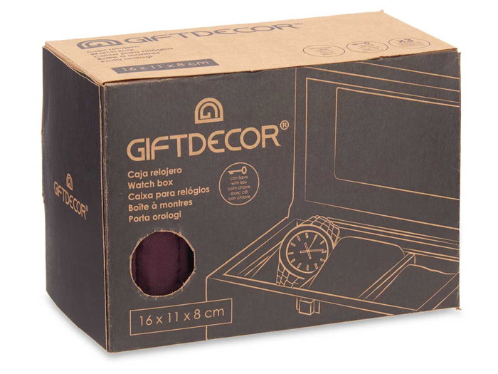 Giftdecor Caja Relojero 3 Huecos con Llave Burdeos Terciopelo Metal 16 x 11 x 8.5 cm (Set de 6)