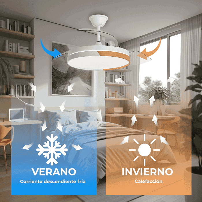 Yoevu Ventilador de Techo con Luz LED, Control Remoto, 6 Velocidades, Aspas Retráctiles, Función Verano/Invierno, Ajuste de Intensidad y Tonalidad de Luz
