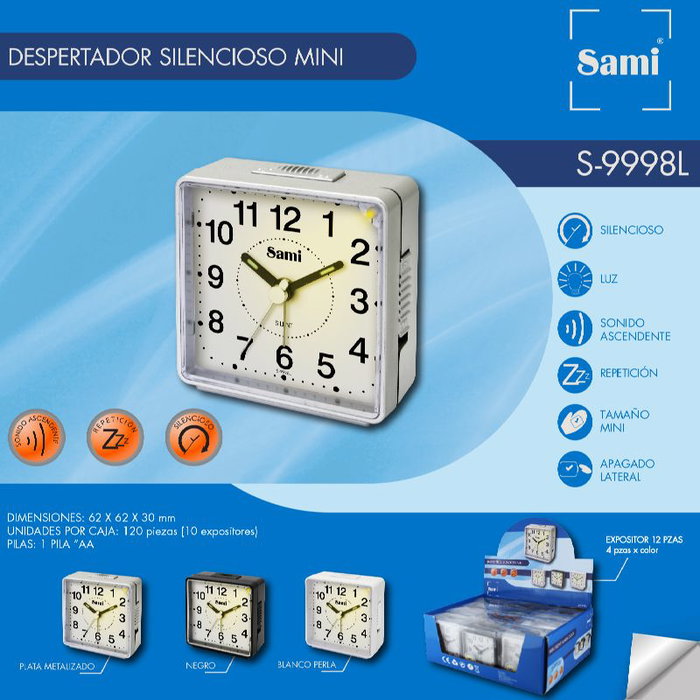 SAMI Despertador Mini con Función Snooze, Luz y Modo Silencioso - Reloj de Alarma