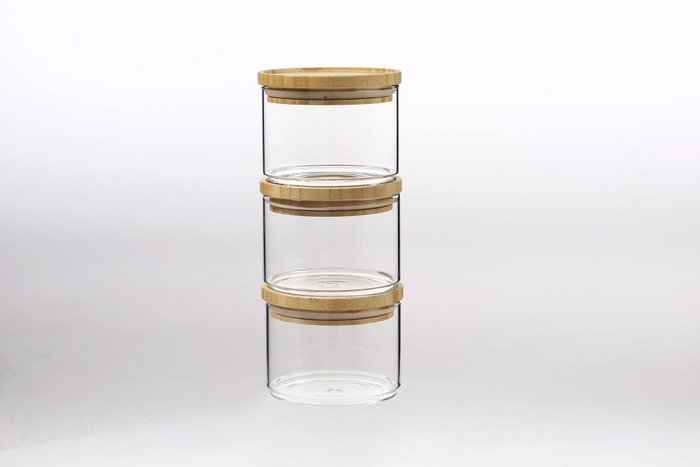 DKD Home Decor Set de 3 Botes de Borosilicato y Bambú de 470ml