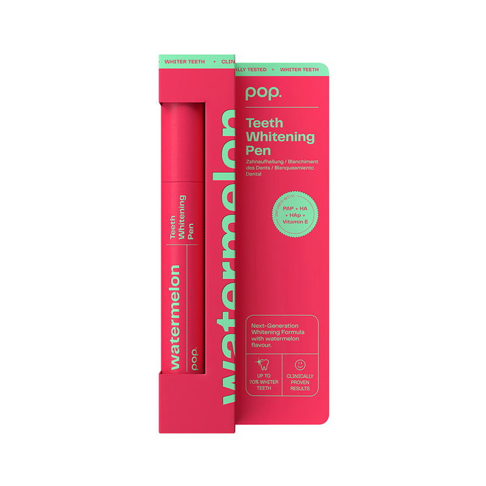 Pop. Lápiz Blanqueador Dental Sabor Sandía con Tecnología PAP, Elimina Manchas de Café y Té, 8 Tonos Más Claros, Portátil, 4 ml