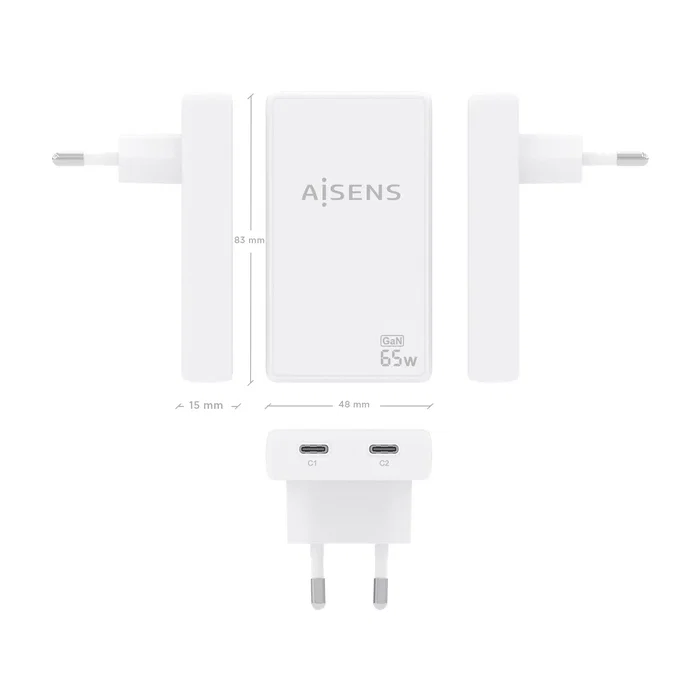 Aisens Cargador de Pared GaN Ultra Delgado 65W 2xUSB-C Blanco ASCH-65W2P077-W Aisens Cargador de Pared GaN Ultra Delgado 65W 2xUSB-C Blanco ASCH-65W2P077-W