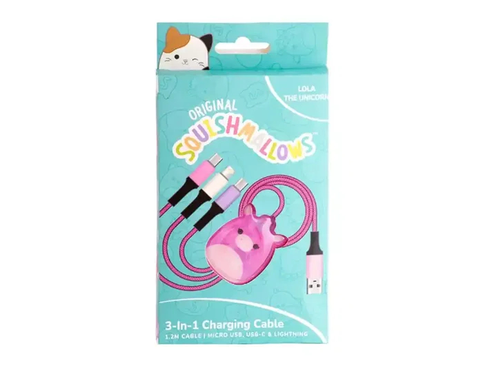 Wondee Cable de Carga 3 en 1 Squishmallows Lola La Unicornio Oficial 1.2 m - Micro USB, USB-C, Lightning para Apple, Samsung, Huawei Wondee Cable de Carga 3 en 1 Squishmallows Lola La Unicornio Oficial 1.2 m - Micro USB, USB-C, Lightning para Apple, Samsung, Huawei