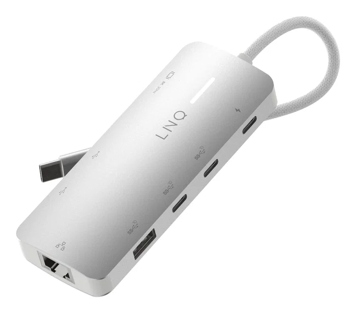 LINQ LQ49081PS Hub USB-C 8-en-1 Pro Studio 8K, Base Portátil con HDMI 8K/30Hz, Puerto PD 140W, Ethernet 2.5Gbps, 3xUSB-C y 3xUSB-A, Color Gris y Blanco