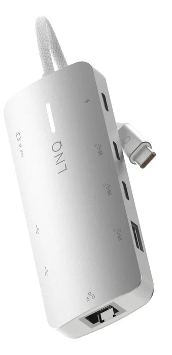 LINQ LQ49081PS Hub USB-C 8-en-1 Pro Studio 8K, Base Portátil con HDMI 8K/30Hz, Puerto PD 140W, Ethernet 2.5Gbps, 3xUSB-C y 3xUSB-A, Color Gris y Blanco