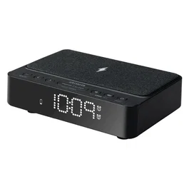 Aiwa CR-30BK Reloj Despertador Digital con Radio FM, Alarma, Carga Inalámbrica 5W, Color Negro