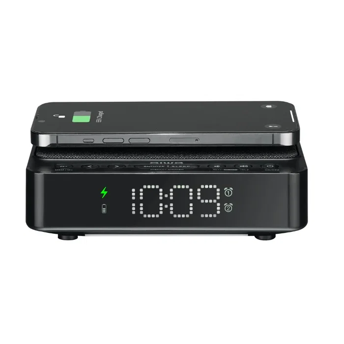 Aiwa CR-30BK Reloj Despertador Digital con Radio FM, Alarma, Carga Inalámbrica 5W, Color Negro