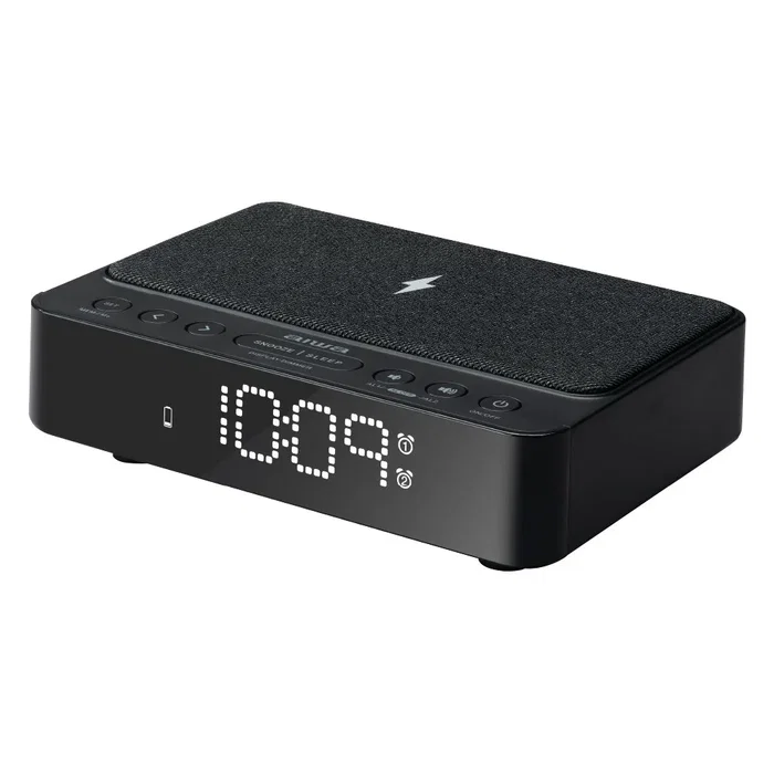 Aiwa CR-30BK Reloj Despertador Digital con Radio FM, Alarma, Carga Inalámbrica 5W, Color Negro