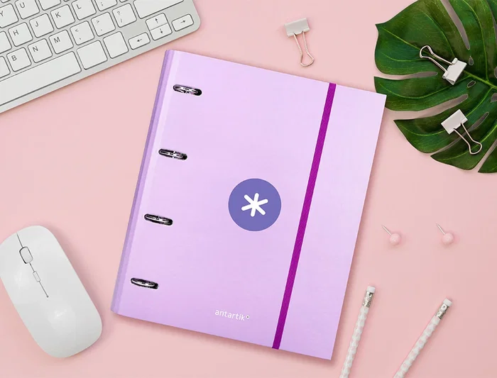 Antartik Carpeta con Recambio A4 Cuadro 5mm Forrada 4 Anillas 40mm Redondas con Solapa Color Lavanda