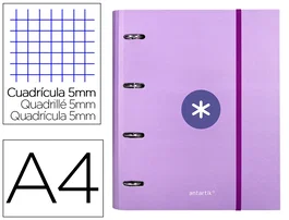 Antartik Carpeta con Recambio A4 Cuadro 5mm Forrada 4 Anillas 40mm Redondas con Solapa Color Lavanda