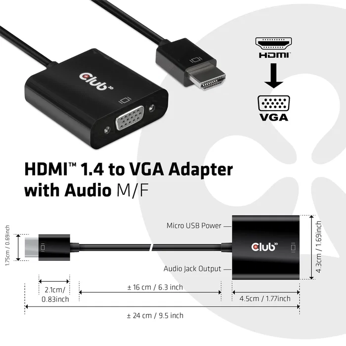 Club3D CAC-1302 Adaptador de Cable de Vídeo HDMI 1.4 a VGA Activo con Audio, 0.5m, Macho-Hembra, Negro, Full HD 1080p