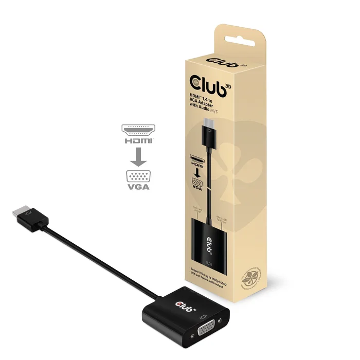 Club3D CAC-1302 Adaptador de Cable de Vídeo HDMI 1.4 a VGA Activo con Audio, 0.5m, Macho-Hembra, Negro, Full HD 1080p