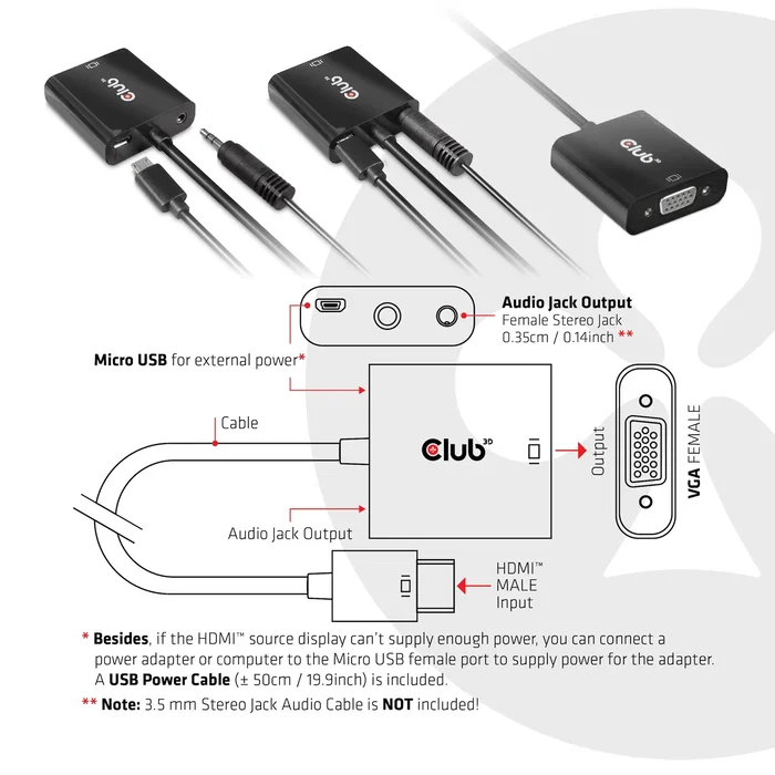 Club3D CAC-1302 Adaptador de Cable de Vídeo HDMI 1.4 a VGA Activo con Audio, 0.5m, Macho-Hembra, Negro, Full HD 1080p