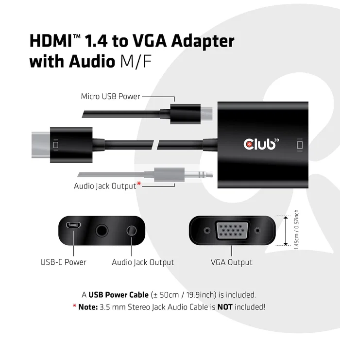 Club3D CAC-1302 Adaptador de Cable de Vídeo HDMI 1.4 a VGA Activo con Audio, 0.5m, Macho-Hembra, Negro, Full HD 1080p