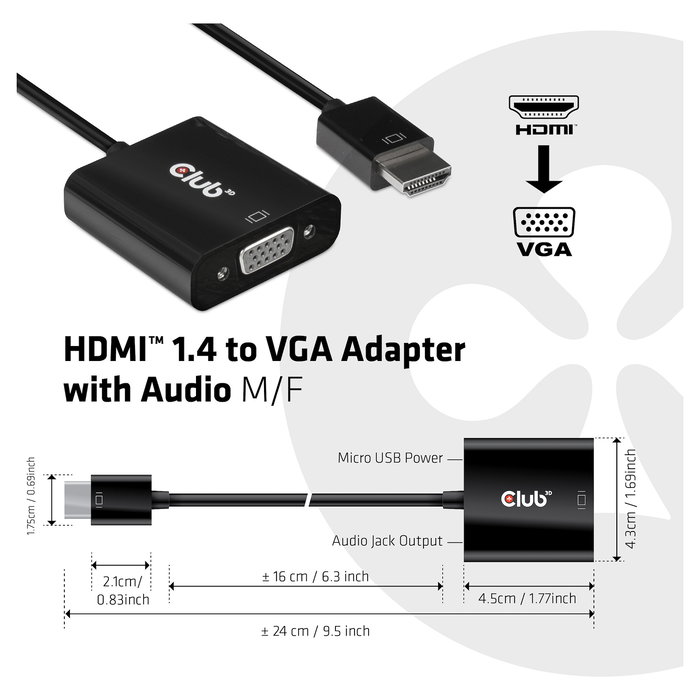 Club 3D Adaptador Activo HDMI 1.4 a VGA (Macho/Hembra) con Salida de Audio, CAC-1510