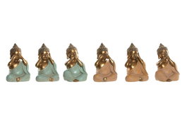 DKD Home Decor Surtido de 6 Figuras de Buda en Resina, Colores Rosa, Verde y Dorado, 11x9x17 cm