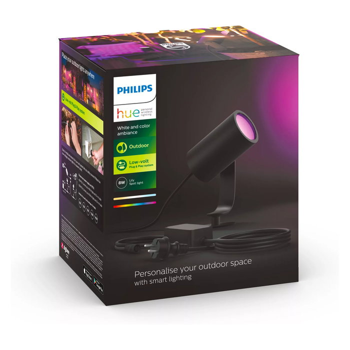 Philips Hue Lily White & Color Ambiance - Foco LED Exterior Inteligente IP65 para Exteriores, 640lm, Negro, Control por App/Alexa/Google/HomeKit, Modelo 8718696169087