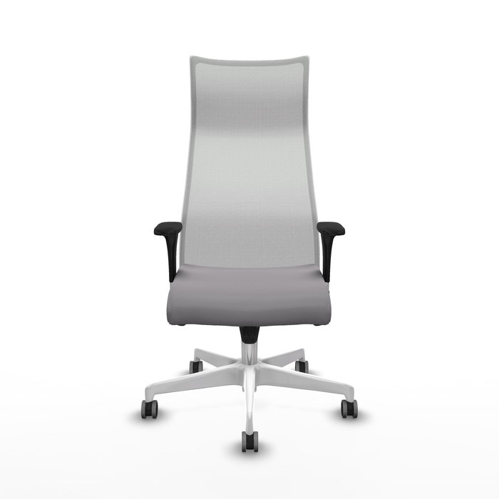 Sillón Albacete con mecanismo Sincro tapizada con Similpiel color Gris y malla color Blanco. Equipado con Base poliamida blanca, Brazos 1D y Ruedas 65 mm parqué