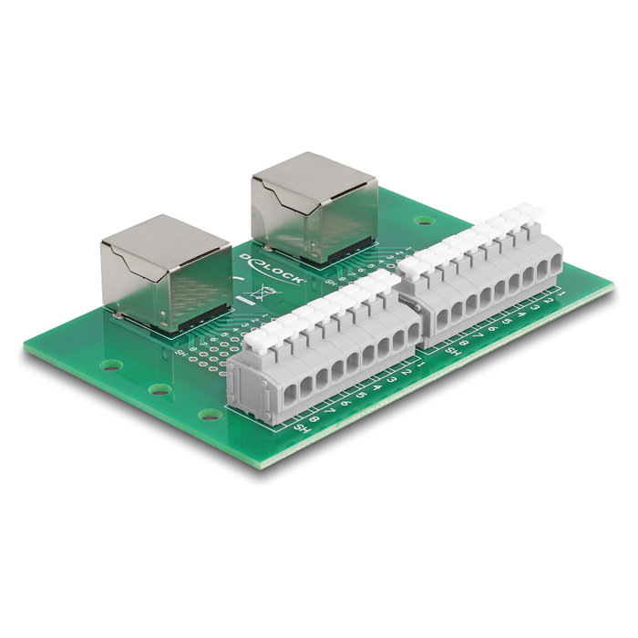 DeLOCK 66994 Adaptador 2 x RJ45 hembra a 2 x bloque de terminales con pulsador para carril DIN